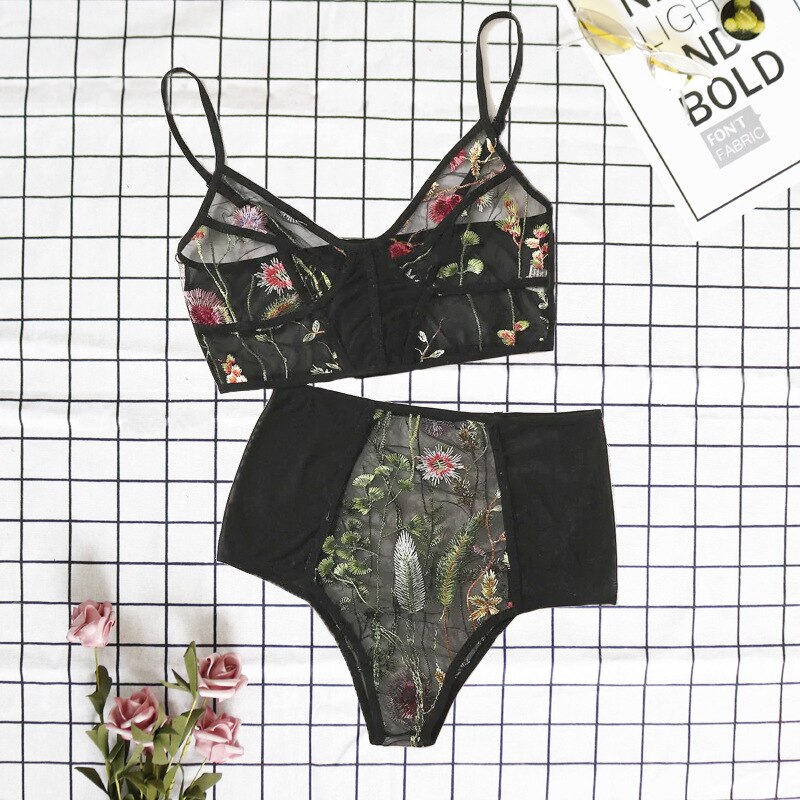 Leechee Women Underwear Embroidery Set Wire free Sexy Lingerie Mesh transparent Bra set Wire free V neck Floral Push up Bralette: Black / S