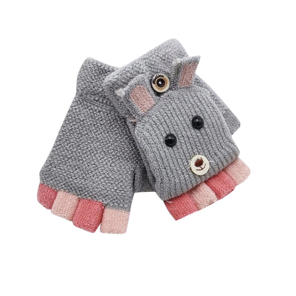 Baby Winter Handschoenen Kinderen Meisje Jongen Half Vinger Convertible Flip Top Cover Handschoenen Dier Warm Kinderen Gebreide Wanten # P4: Grijs