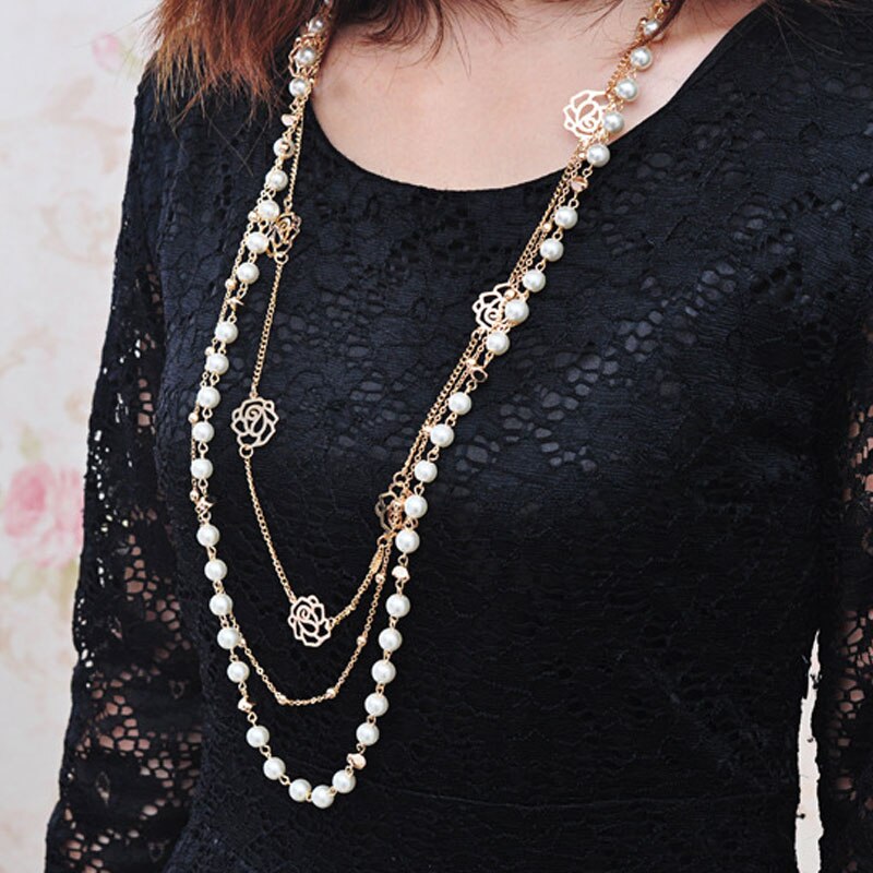 Lange Gesimuleerde Parel Ketting Voor Vrouwen Camellia Dubbele Laag Hanger Trui Chain Party Ketting