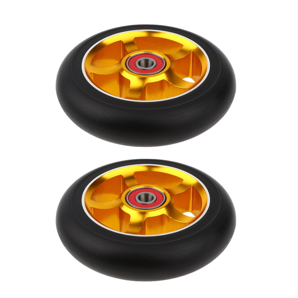 2pcs Replacement 100mm Push/Kick/Stunt Scooter Wheels with Bearings & Bushings: gold