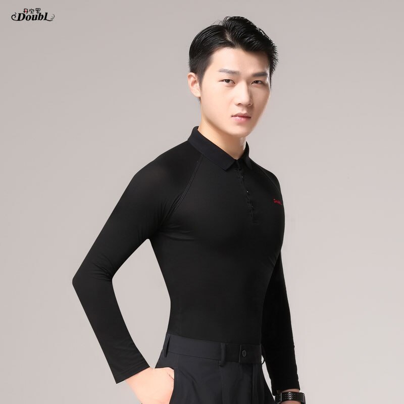 Doubl-camiseta negra de Tops de baile Latino para hombre, camiseta de Salsa de Vals, Trajes de baile latino de manga larga estándar nacional
