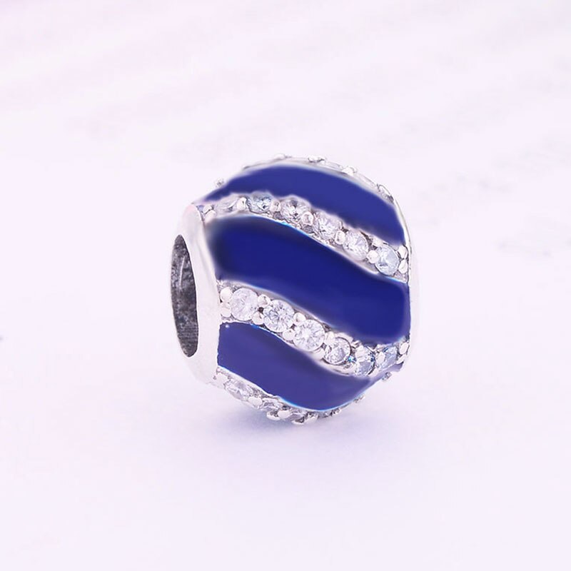 Fit Original Brand Charm Bracelet 925 Sterling Silver Blue Enamel Stripe Zirconia Crystal Bead For Making Women Berloque