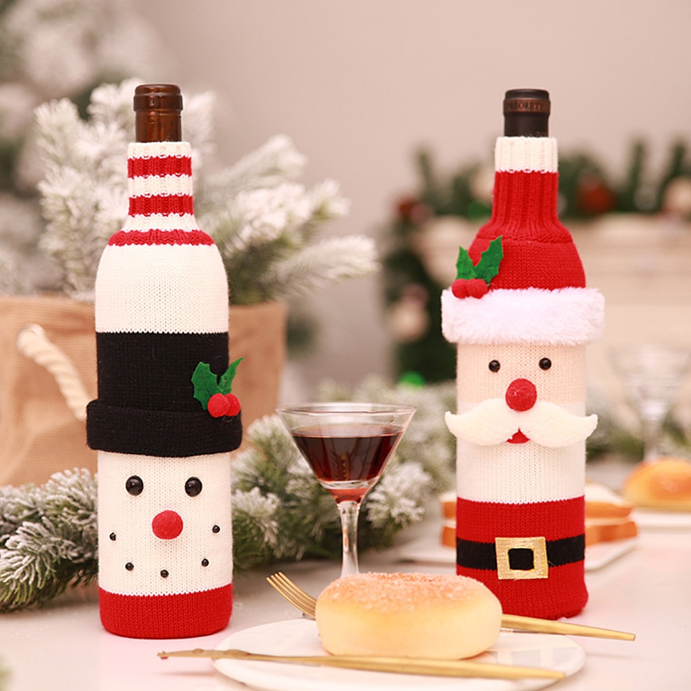 Kerst Breien Wijnfles Kerstman Champagne Fles Gebreide Rode Wijn Fles Decoratie Voor Thuis Diner Feestartikelen