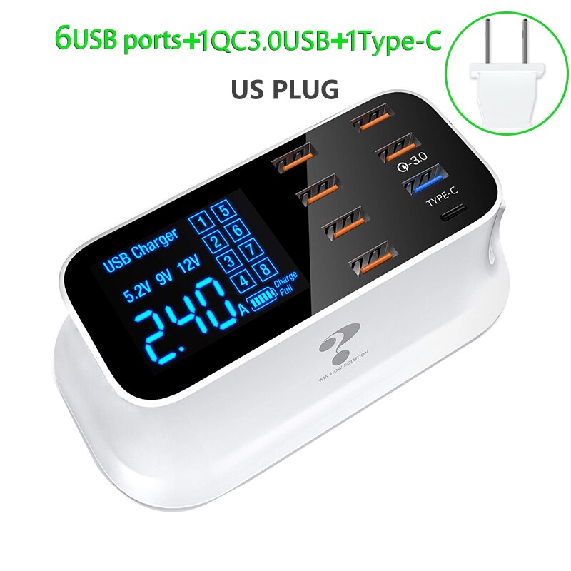 Quick Charge 3.0 Led Display Usb Oplader Voor Android Iphone Adapter Telefoon Tablet Fast Charger: US  6USB 1QC 1Type C