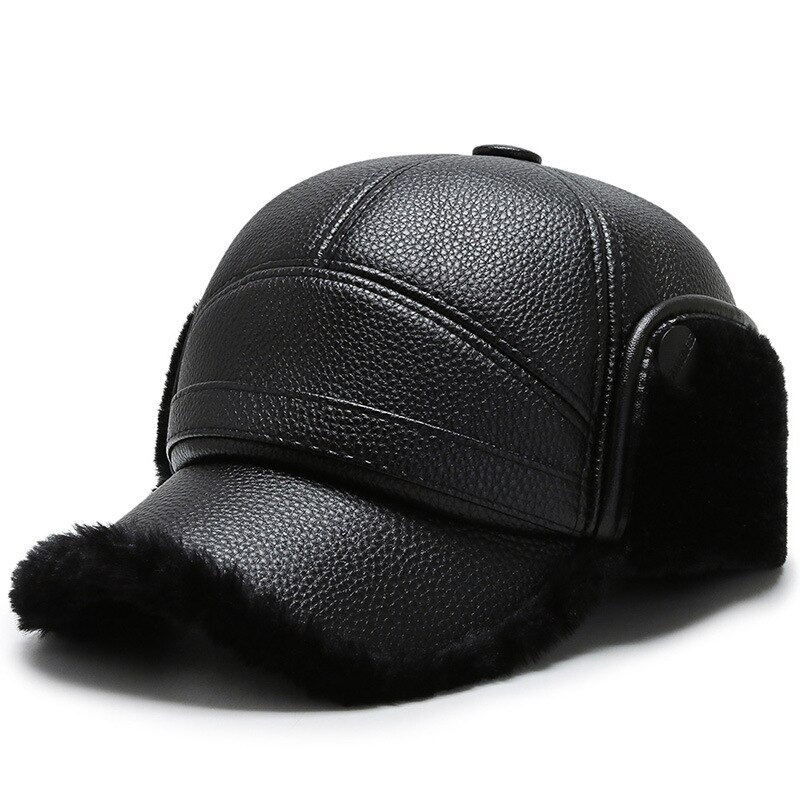 [northwood] sort pu læder vinter hatte snapback øreklap baseball kasket til mænd udendørs plus fløjl fortykning herre kasketter: Sort a