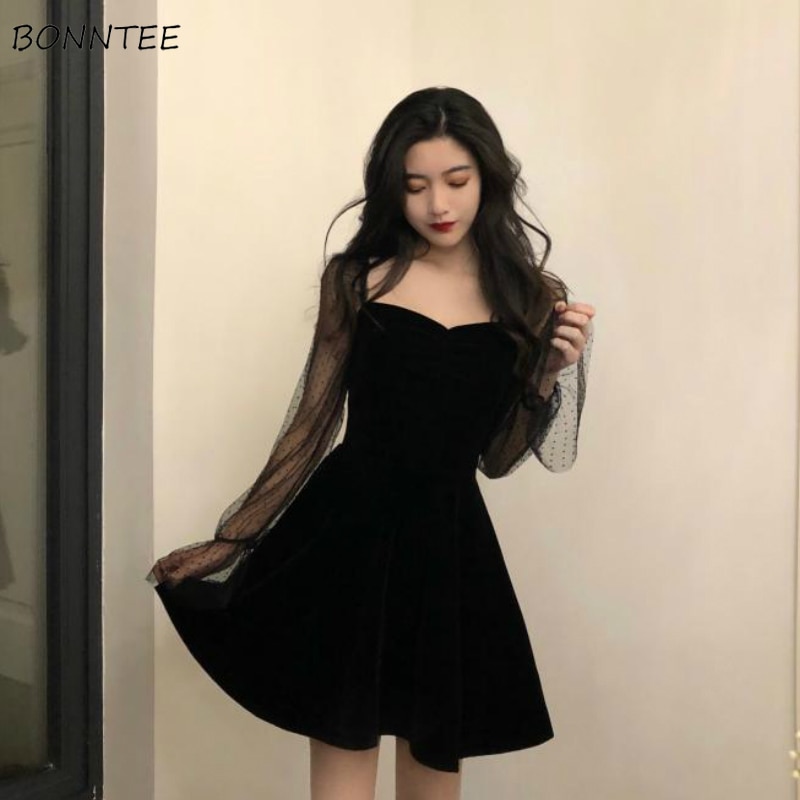 Dress Women Long Sleeve Mesh Transparent Low-cut Leisure Womens Party Dresses Mini Korean Style Loose Patchwork