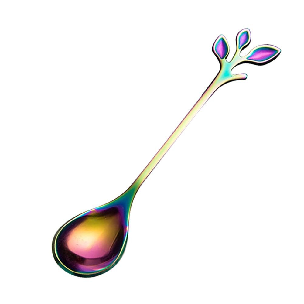 Tenedor para fruta de hoja de acero inoxidable, cuchara para mezclar café no tóxica, tenedores de cocina para fruta, cubiertos: Multi Color Spoon