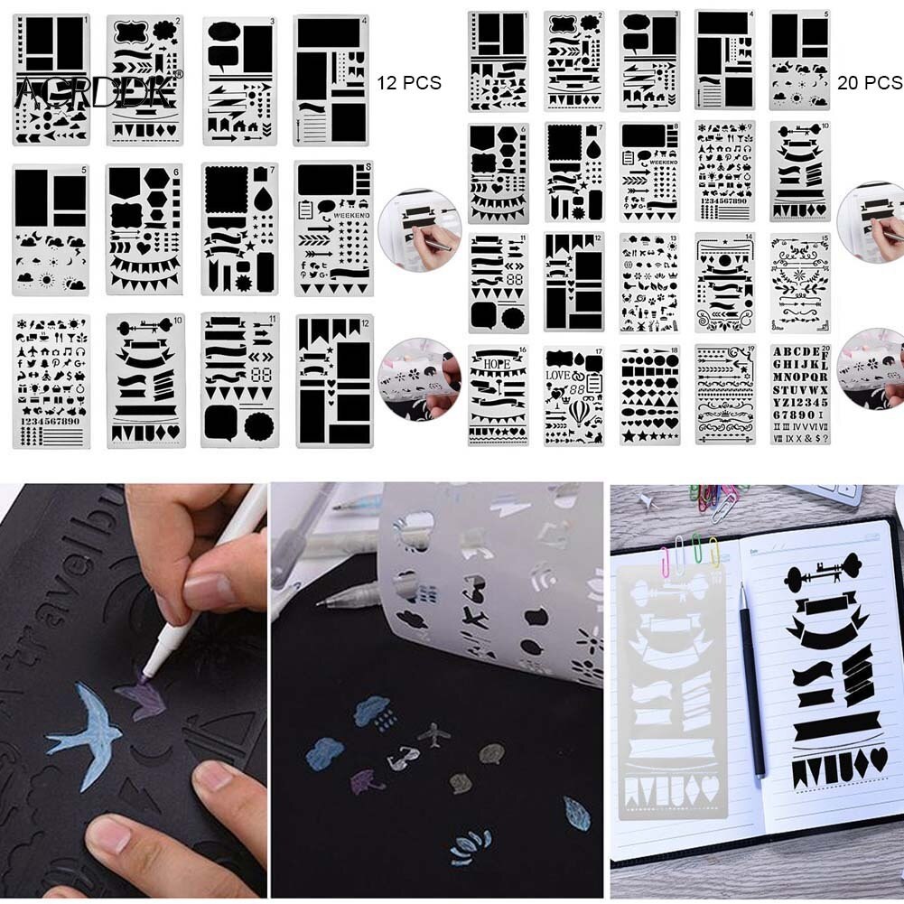 12/20 Pcs Bullet Journal Stencil Set Plastic Planner DIY Drawing Template for Diary Notebook Scrapbook FC