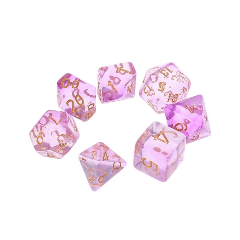 7pcs/set Transparent Sided Dice D4 D6 D8 D10 D12 D20 &amp; Dragon D&amp;D RPG Poly Table Board Games Toy: purple