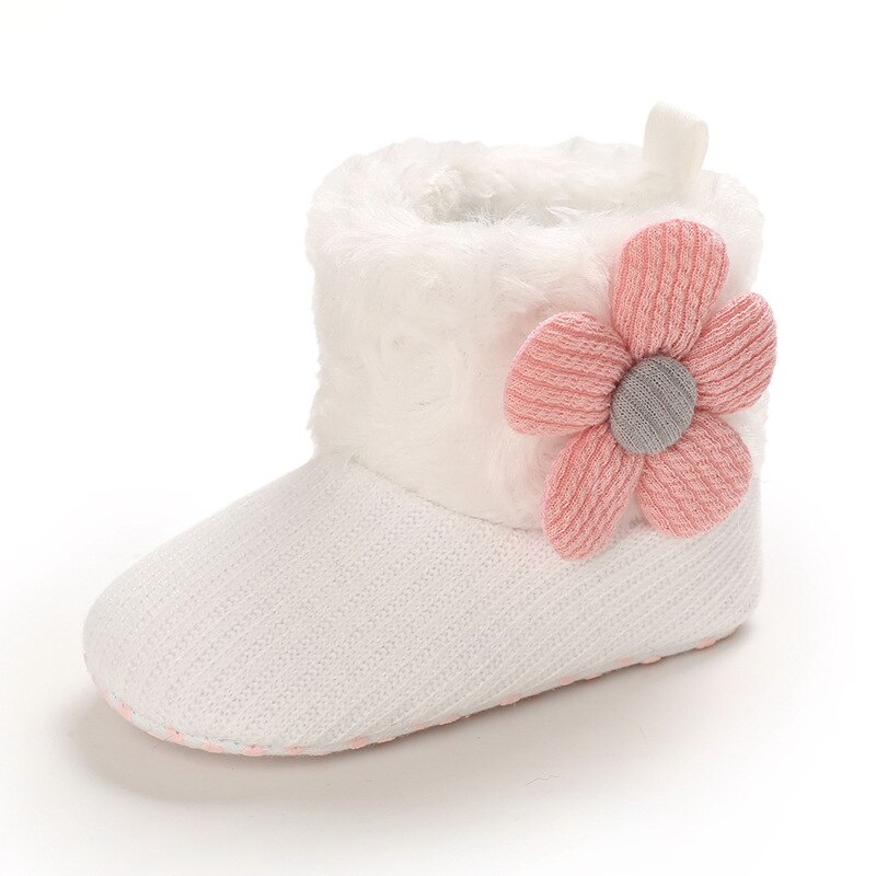 Winter Baby Cotton Shoes Plush Warm Toddler Girl First Walker Shoes Anti-Slip Infant Flower Short Boot Lightweight Soft Sole: white / 0-6 Months