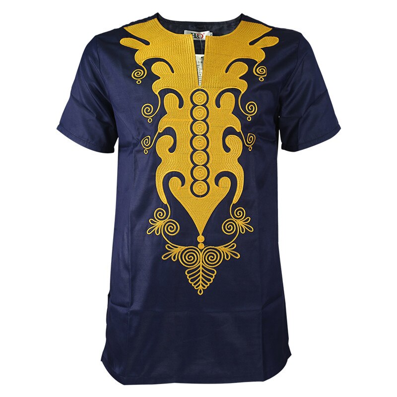 H&D african dashiki t shirt for men short sleeve men's shirts traditional african embroidered tops gold dark blue clothes: M
