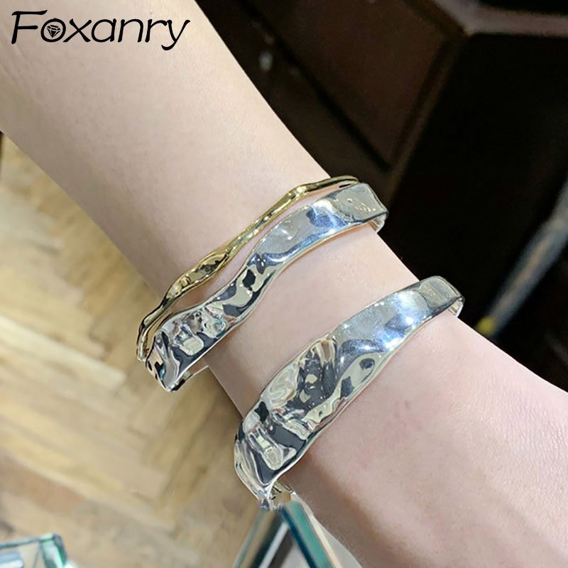 Foxanry Minimalistischen 925 Stempel Breite Armbinde für Frauen eins Jahrgang Punk Unregelmäßigen aufbringen Partei Schmuck