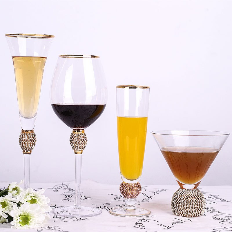 Transparent Gold Rimmed Glass Set with Diamonds Goblet Red Wine Cocktail Champagne Whiskey Grape Wine Drink Glass Cup