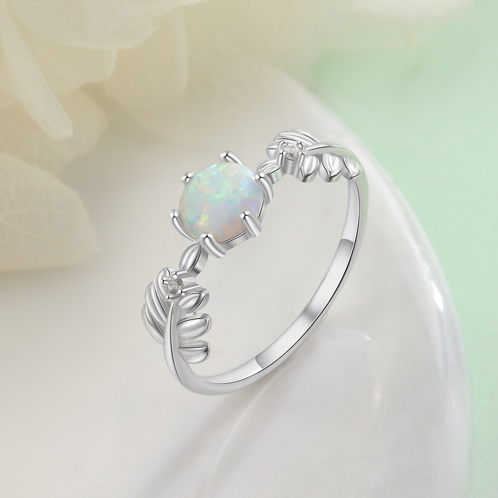 JewelOra Nette Ast Blatt 925 Sterling Silber Hochzeit Ringe für Frauen Silber Runde Weiß Opal Ring mit Zirkonia Schmuck