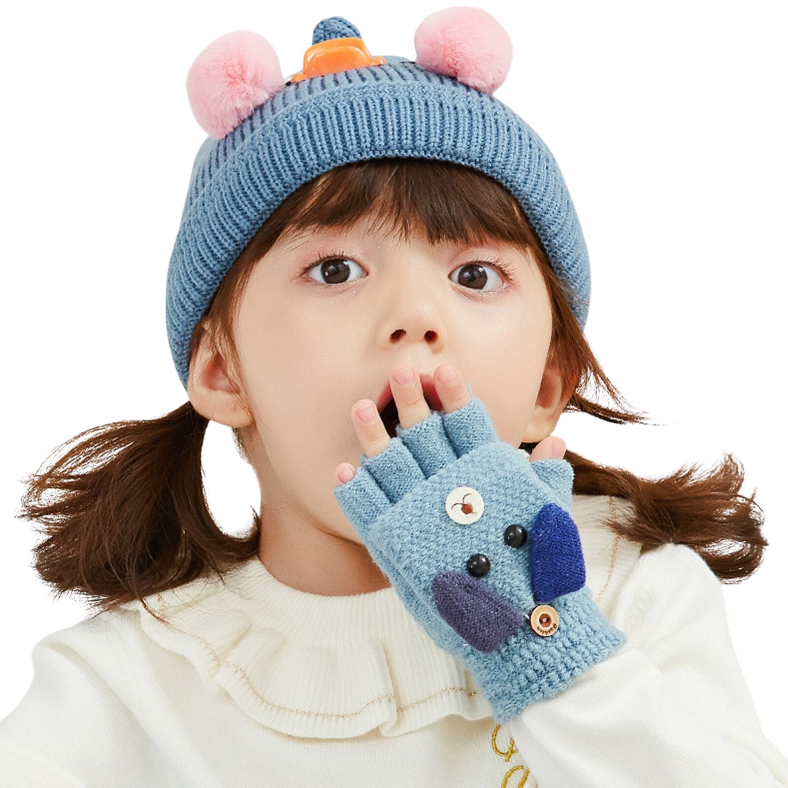 Kids Winter Warm Fingerless Mittens, Cute Cartoon Puppy Convertible Flip Top Gloves with Button for Baby Boys and Girls