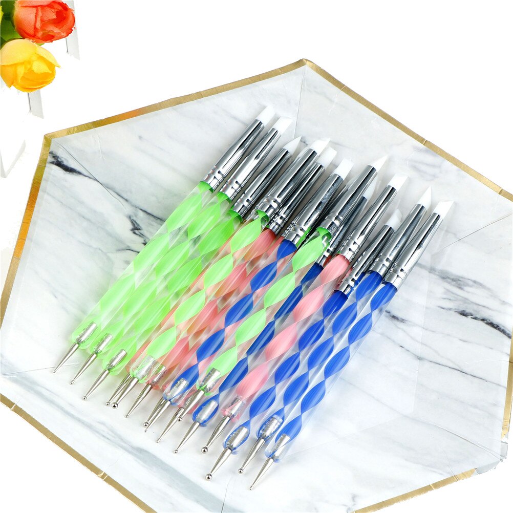 AACAR 5pc Double Head Pick Rhinestone Manicure Tool Nail Art Silicone Dotting Pen Brush Sculpture Emboss Carving Shaping Paint