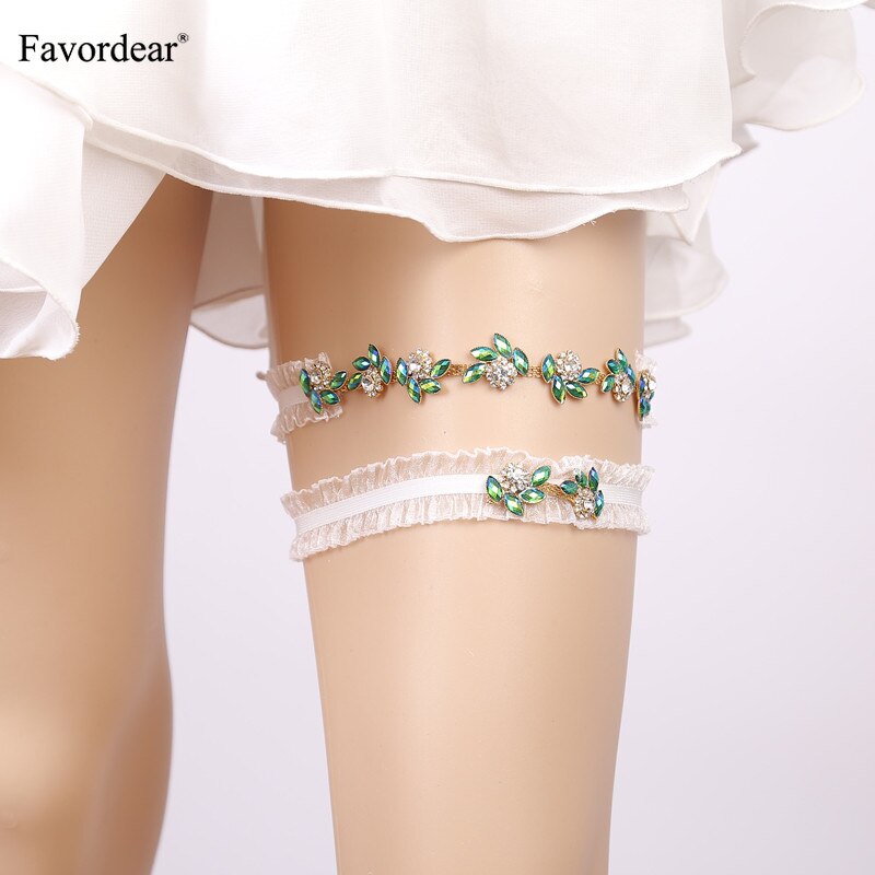 Favordear White Elastic Band Leg Ring Wedding Garter with Green Beading 2 PC Stocking Bridal Garter for Women/Bride