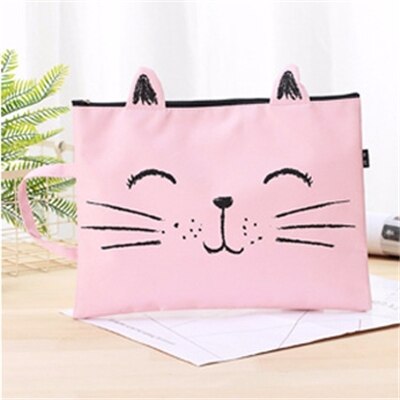 Toile fichier sac étudiant dessin animé A4 fichier paquet Portable Test papier sac de rangement fourre-tout mignon chat fermeture éclair mallette: Pink