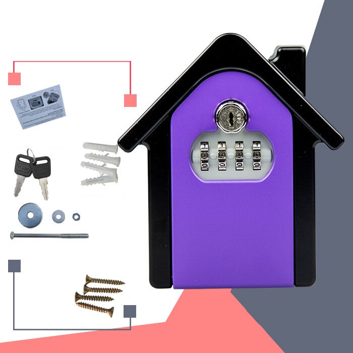 Caja de Seguridad para llaves, candado con contraseña y llave para el hogar, familia, exteriores, caja de almacenamiento con combinación montada en la pared: Purple