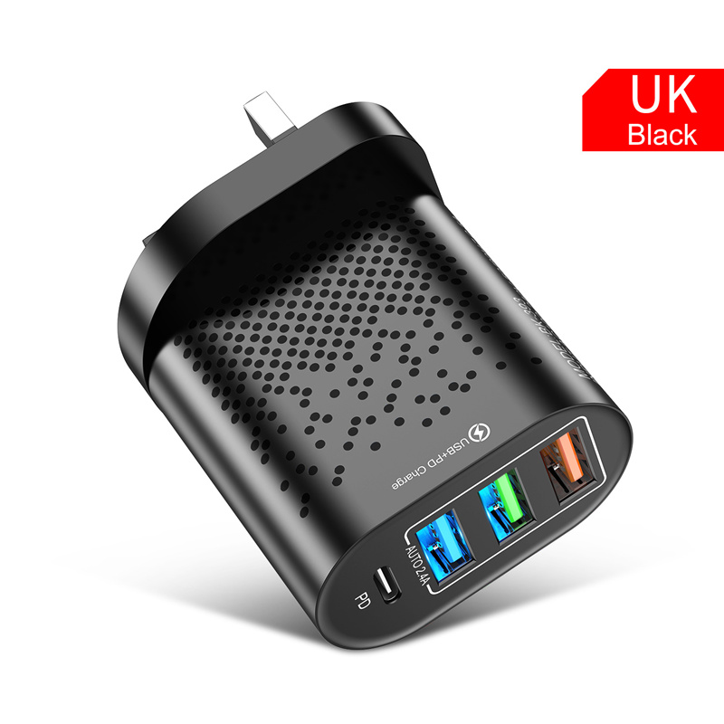 Uslion 4 Poort USB-C Charger 48W Usb Opladen Voor Iphone 12 Pro Max Macbook Xiaomi Pd Type C Muur laders Usb Charger: UK Plug Black