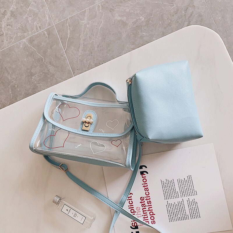 Women PVC Transparent Handbag See-through Beach Bag Clear Jelly Purse Clutch Tote PU Leather Handbag Messenger Bag