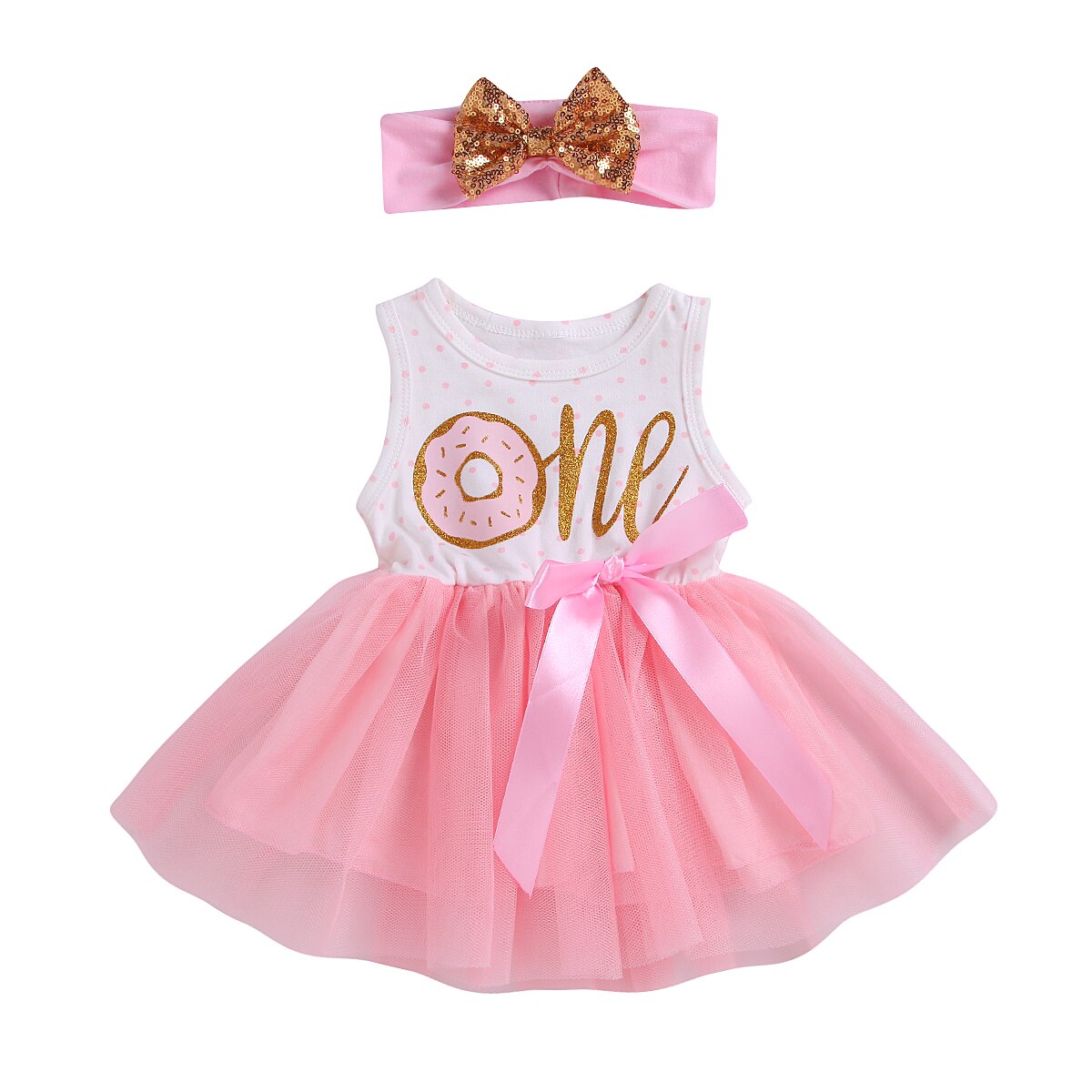 Een Baby Meisjes Donut Verjaardag Jurk Rompertjes Tutu Jurken Hoofdband Outfit Kleding Set 0-3T Mouwloze en Lange mouw: One Sleeveless / 18m