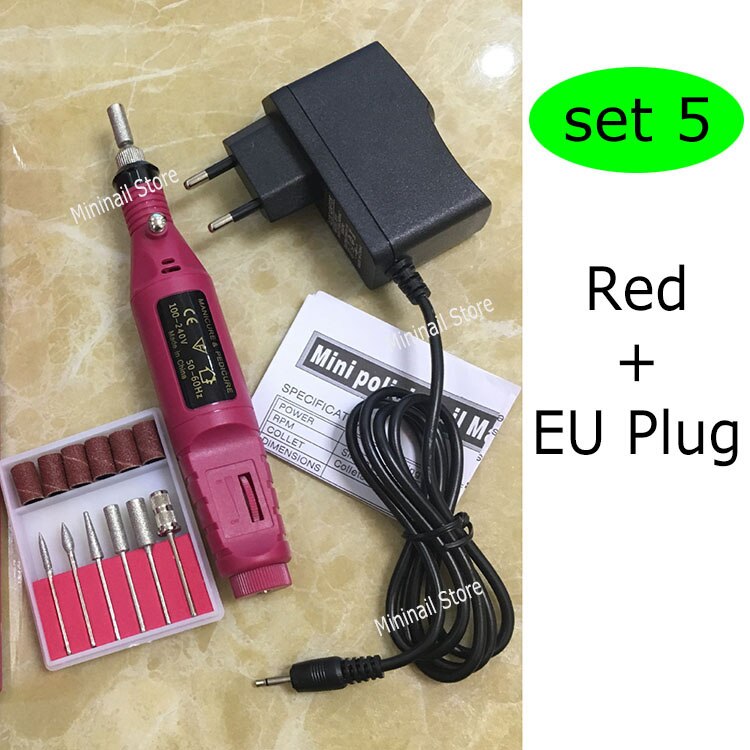 Mini nagelboorset met 6 bits, elektrische boormachines, manicure, stylingtool, pedicure, vijlen, vormgeven, voetverzorgingsproduct: Rood - eu-stekker