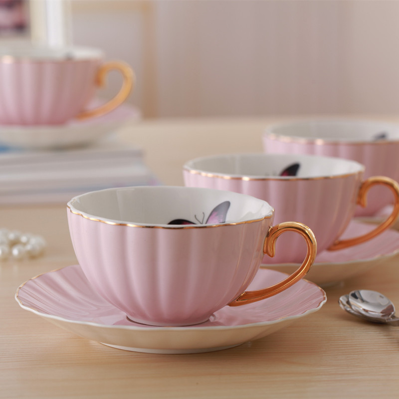 Coffee Mug Pink Cute Porcelain Cup and Saucer Ceramics Simple Tea Modern Water Cups Best: Pink with pattern