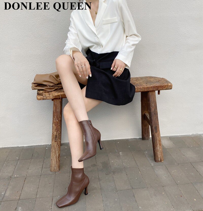 Ankelstøvler til kvinder firkantede sko vinter korte støvler lynlås tynde hæle behagelige dame støvler zapatillas mujer