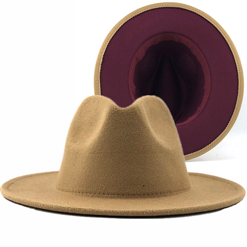 Purple Yellow Patchwork Unisex Panama Wool Felt Fedora Hats with Belt Buckle Women Men Wide Brim Party Trilby Gambler Hat 60CM: 09 / 56 58CM