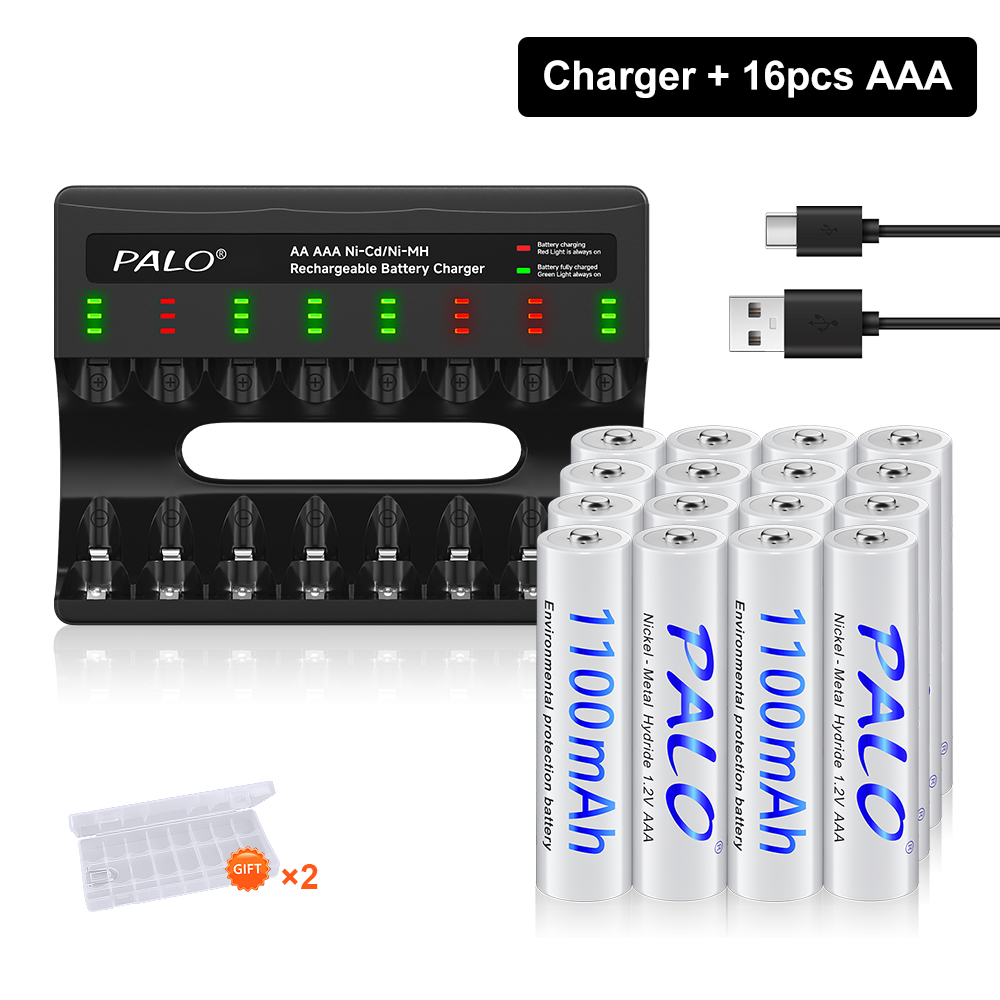 1.2V AA AAA NIMH Baterías Recargables 2A 3A + 8 Ranuras USB-C Cargador de Batería Rápido Con cable para juguetes linterna Ratón Mando a Distancia: Multicolor