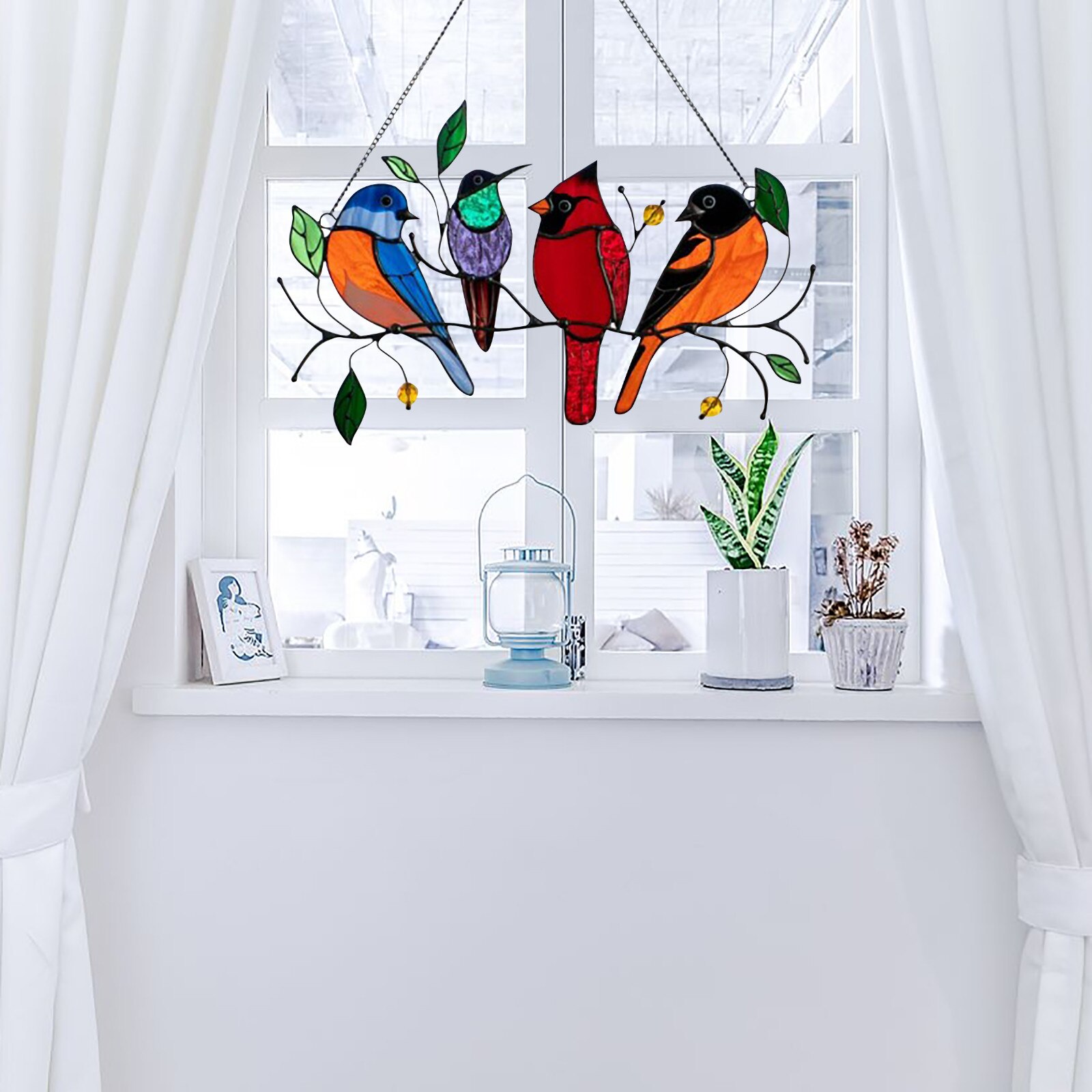 Spring Birds Style Glass Window Panel 7 Birds Stained Glass Window Hangings Panel 7 Birds on a Wire Spring Style Parrots Hinging