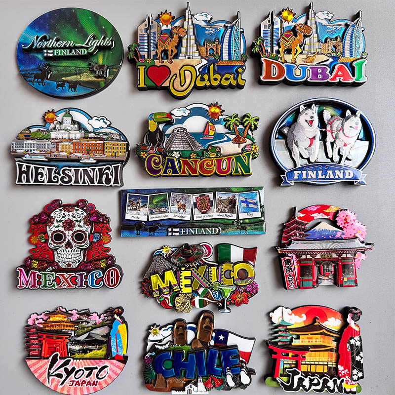 Imanes de nevera, recuerdo turístico, Cancun, México, Dubái, Helsinki, Finlandia, Hakone, Tokio, Japón, Chile, papel de aluminio, pegatinas de decoración de madera