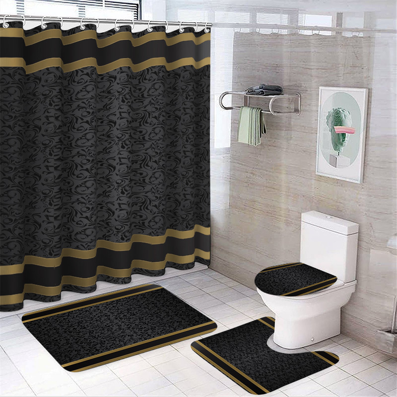 Juego de baño de lujo negro y dorado: cortina de ducha, alfombrillas de baño antideslizantes y cubierta de inodoro, decoración moderna (4 piezas)