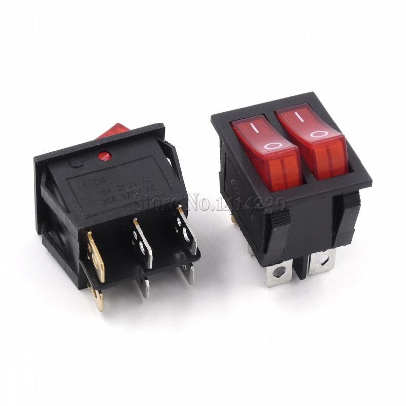KCD6 25x31mm With Red Light Big Rocker Switches Two-Way Switch 6 Pin 2 Position 15A 250V 20A 125VAC ON-OFF