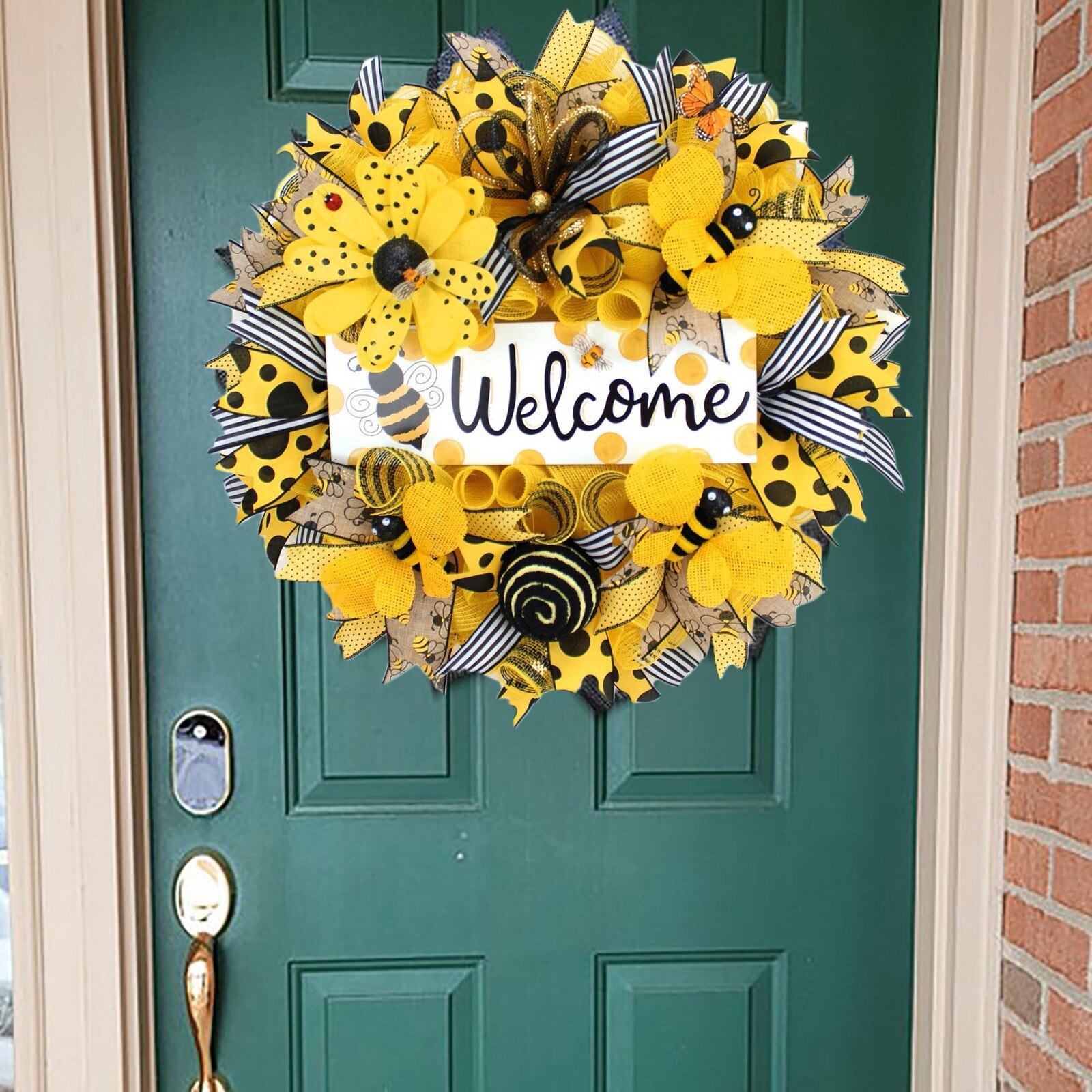 Happy Bee Day Artificial Wreath Welcome Signs Garden Decoration Countryside Style Bumble Bee Sunflower Outdoor Door Wall Decor