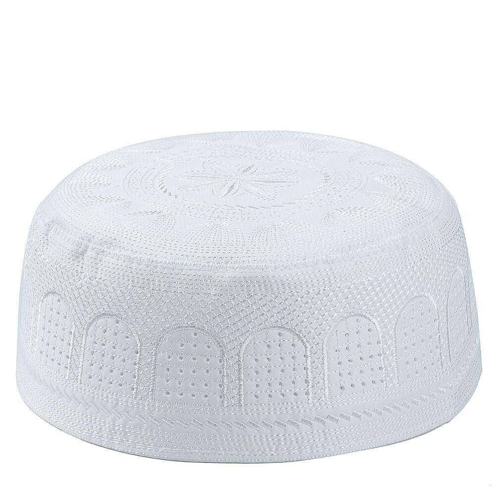Muslim Men's Embroidery Prayer Hat Islamic Kufi Prayer Cap Muslim EID Ramadan Habib's Caps Husband Arabian Beanie Skull Hats: White / 57cm