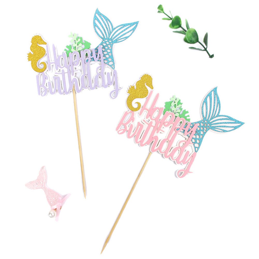 Mermaid Tail Happy Birthday Cake Topper Cake Decoration Flags Baby Boy Girl Kids Party Decoration Supplies Baby Shower Favor