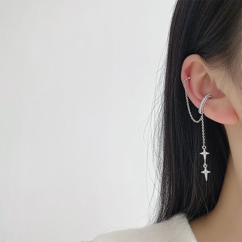 Pendientes de Clip de diamantes de imitación brillantes para mujer y niña, aretes largos sin perforación, borla cruzada, un lado, 2022