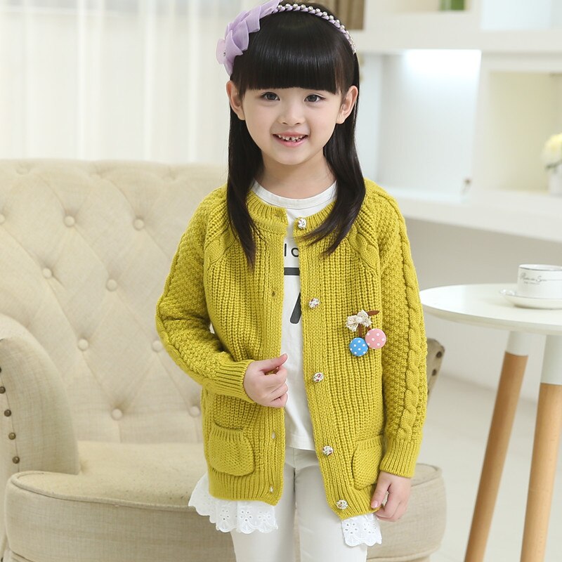Plain Color Girls Knitted Cardigan Sweater Soft Children Clothing Outerwear Spring Kids Jacket Button Sweater Coat For Girls: yellow / 160-Height 150-155cm