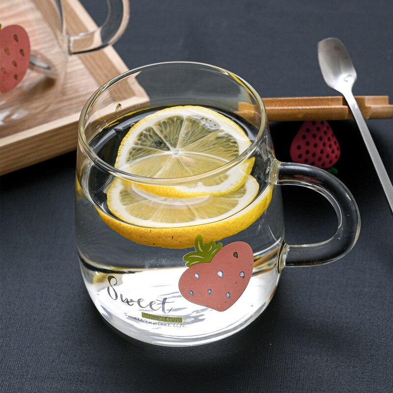 Cute Pastoral Style Glass Cups with Milk Breakfast Mug Office Flower Tea Cup Cold Drink Juice Mug: Strawberry