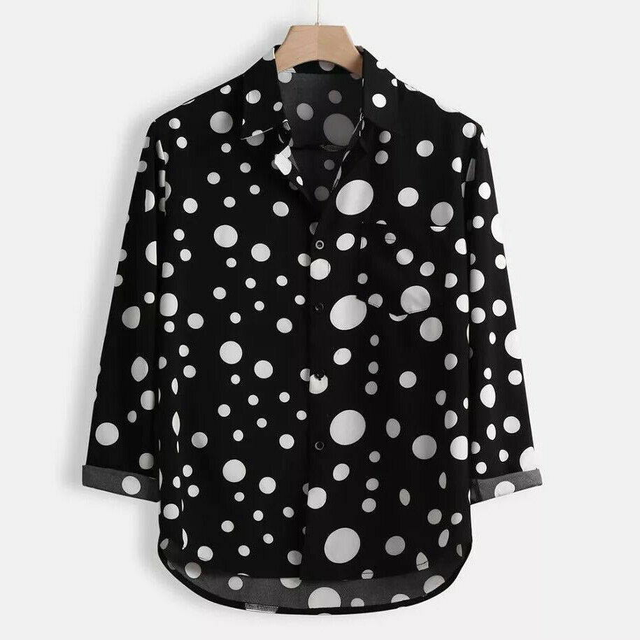Camisa de lunares para hombre, Camisa entallada con botones, manga larga, Bohemia, para vacaciones, blusa informal camisetas, novedad de