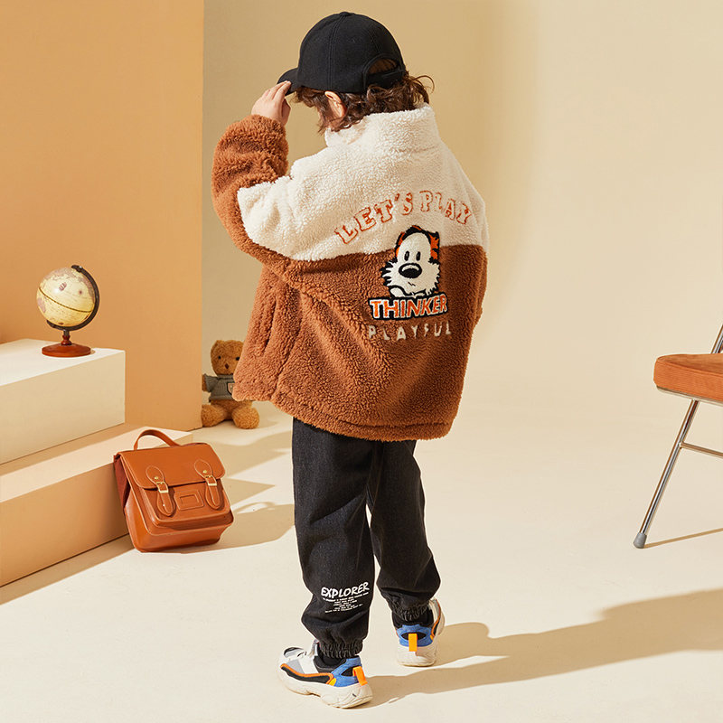TON LION KIDS Boys Winter Coat, Warm Coat, High Collar Black and White Stitching Plush Coat, Boys&#39; Clothing