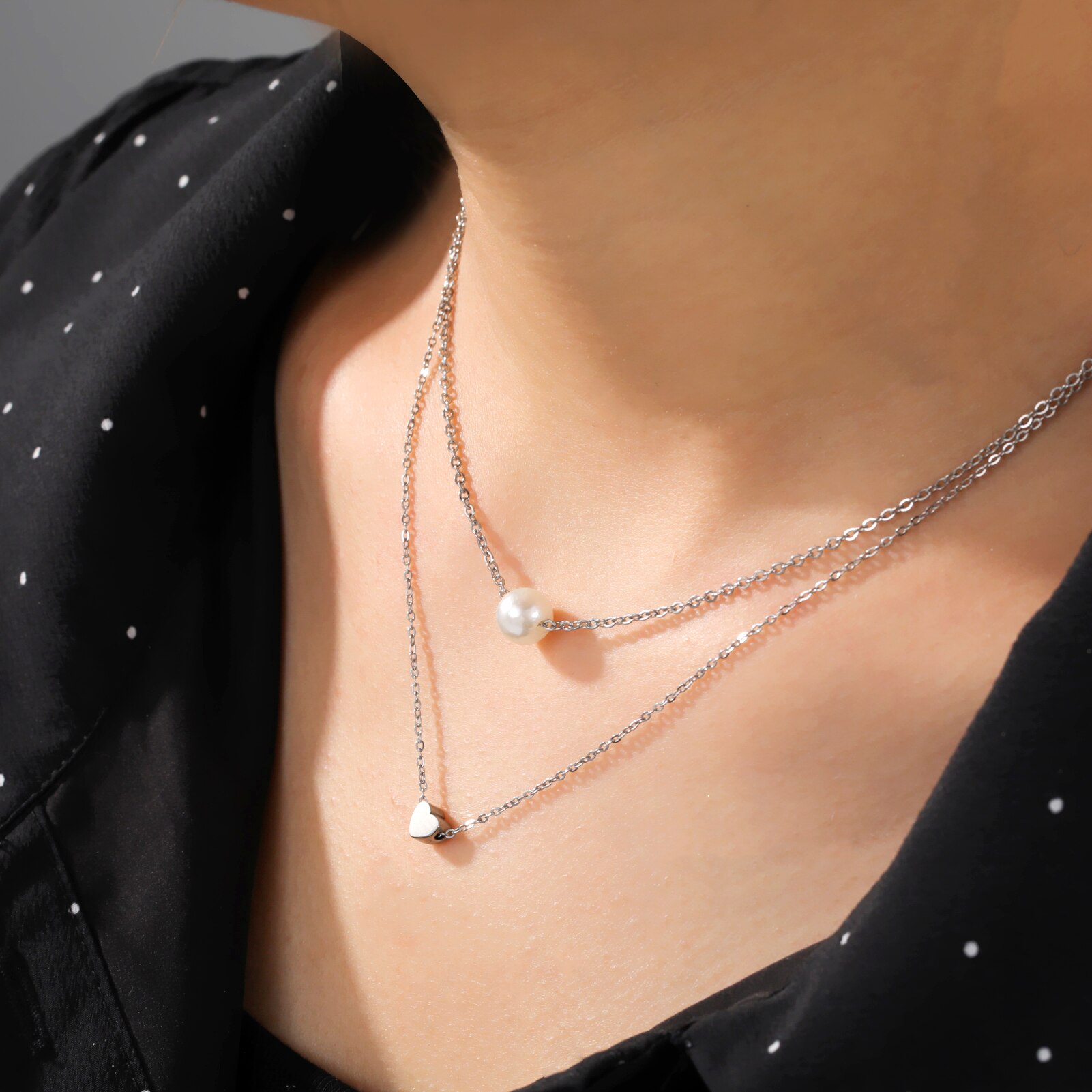 Skyrim Tiny Heart Choker Necklaces Stainless Steel Double Layered Beads Chain Necklace Women Aesthetic Jewelry Mother Day