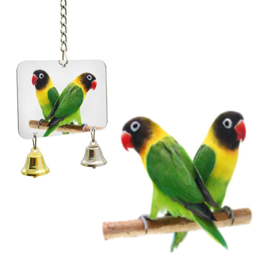 Campana para loro, juguete para mascotas, espejo con pájaro, juguete columpio para jaula de pájaros, juguete rectangular redondo con forma de corazón opcional con cascabel de Color aleatorio: E