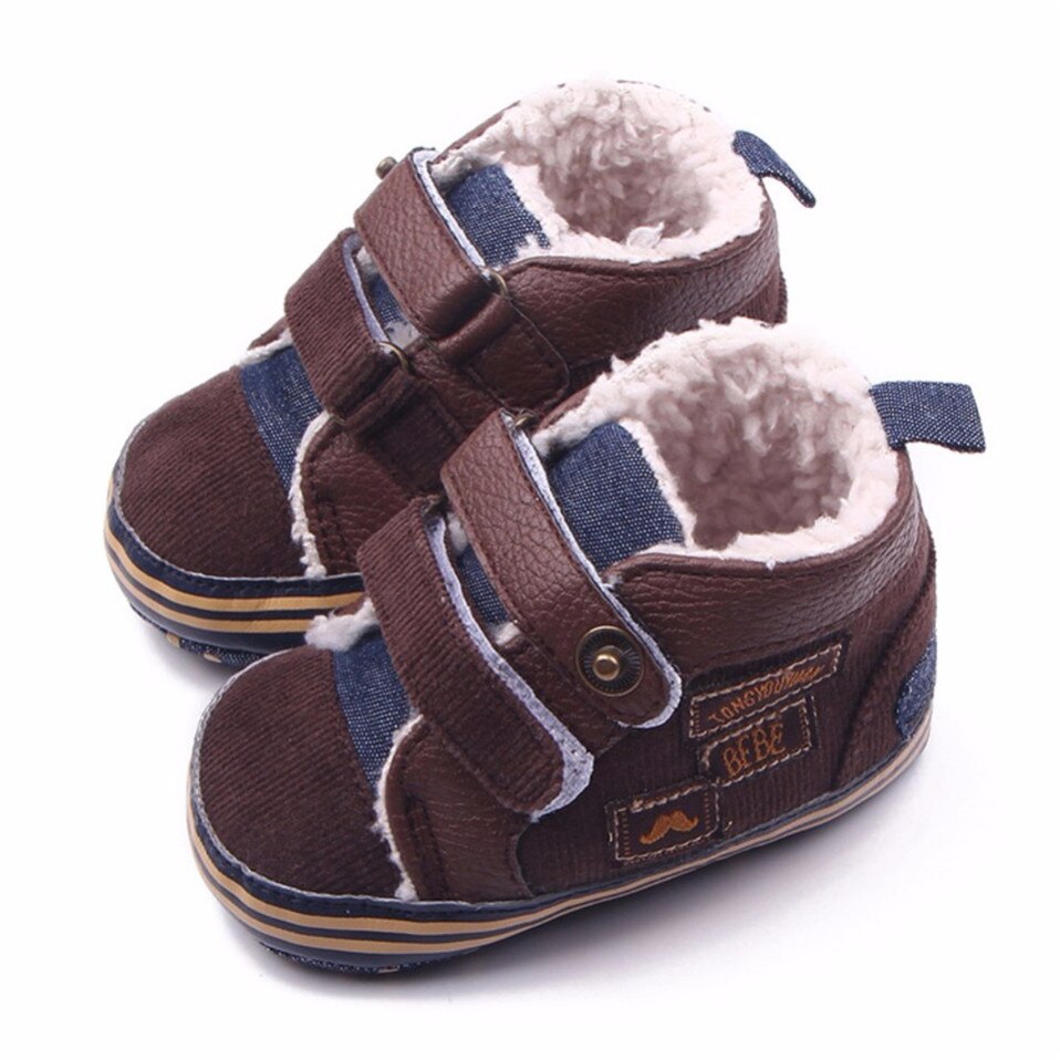 Varmt efterår vinter lærred syning pu baby sko baby første rullator toddler sko til baby drenge: Mørkebrun / 3