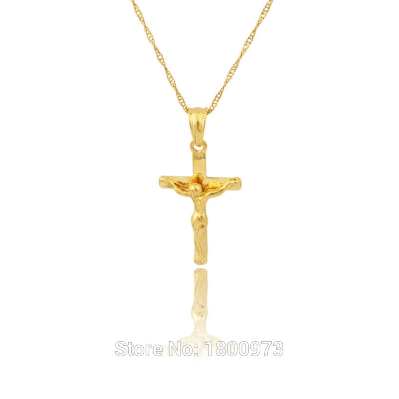 Jesus Cross Pendant Gold Color Pendant Necklace For Women Men INRI Crucifix Jewelry With 45cm 60cm chain