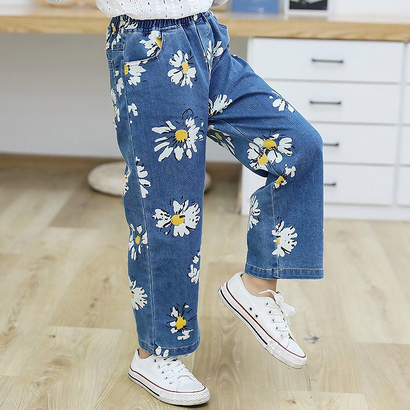 2021 primavera autunno bambini ragazze Jeans stampa floreale Jeans pantaloni gamba larga ragazze moda ragazze pantaloni bambini vestiti Casual per ragazze