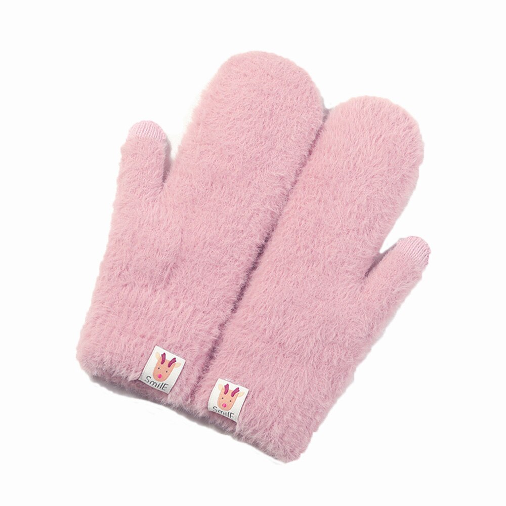 Guantes de punto para mujer, manoplas de felpa con pantalla táctil a prueba de viento, de terciopelo grueso y cálido, de Color puro, para invierno y Navidad: Pink
