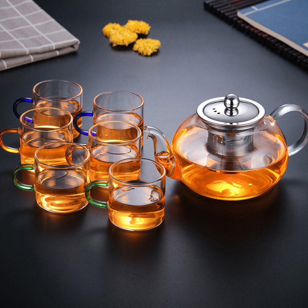 1 Set Teapot Strainer 1200ml Heat Resistant Glass Transparent Teapot with Cups for Restaurant Office Teahouse Home